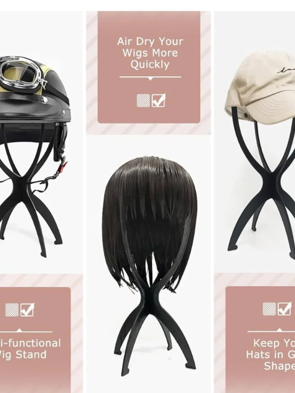 3‑Pack Black Wig Stands – Lightweight, Easy Assembly, Travel‑Friendly